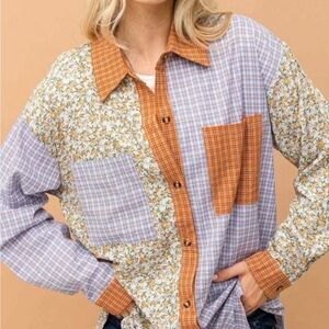 Patchwork Button-Up Shirt in Orange, Lavender, Cream